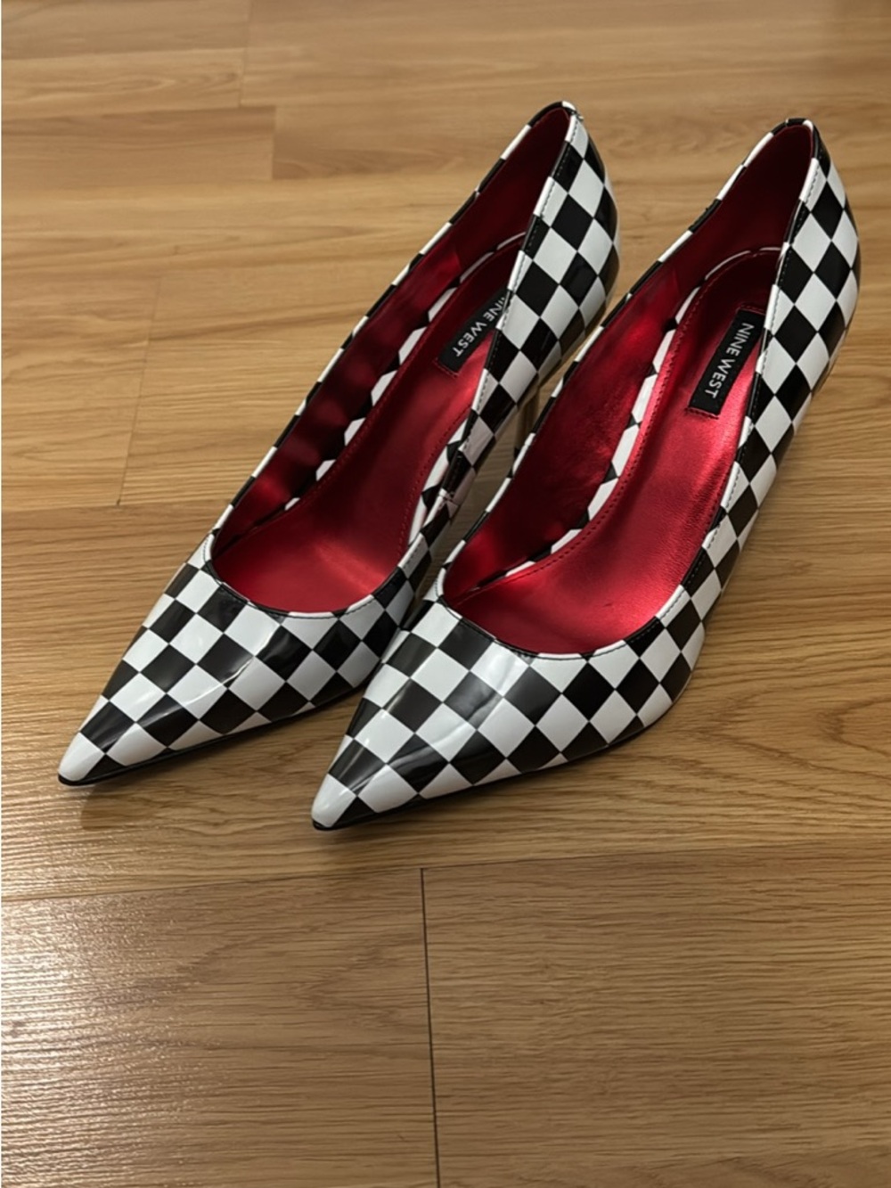Nine West Black & White Checkered Pointed Pumps with Red Lining